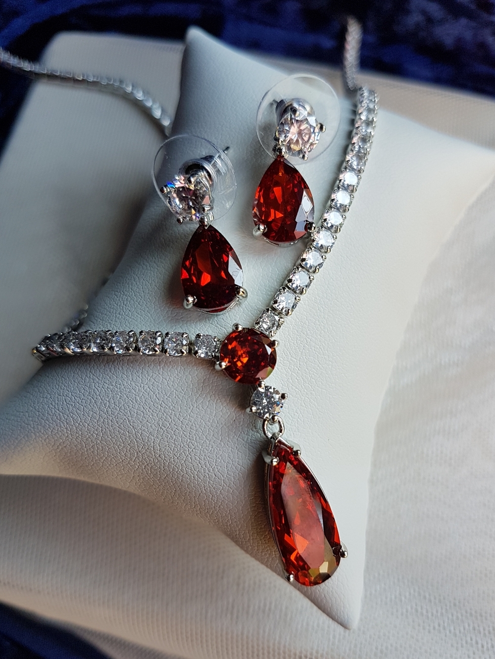 Swarovski Elements Platinum Tennis Necklace Ruby Red Teardrop Pendant NEW